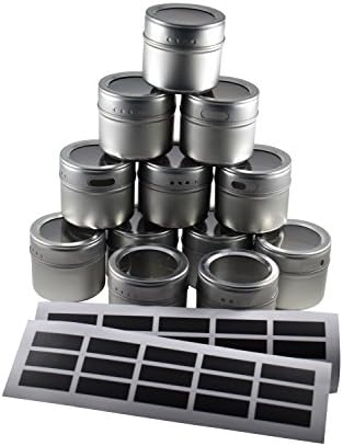 12 Magnetic Spice Tins and 30 Chalkboard Sticker Labels by Ideas by Gigi. Round Storage Spice Rack Set of 12, Clear Top Lid with Sift or Pour. Magnetic On Refrigerator.