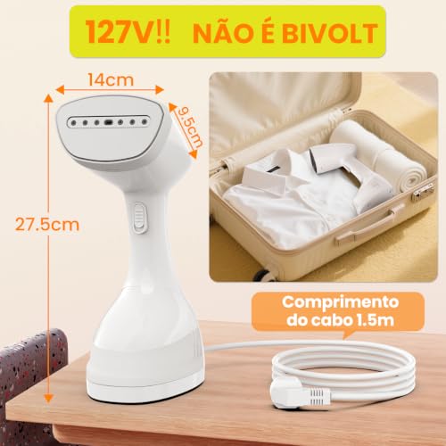 QFUN 127V Vaporizador de Roupas e Passadeira a Vapor Portátil 2 em 1 1200W – Aquece em 30s, Kit Viagem com Acessórios, Funciona como Ferro a Vapor Portátil