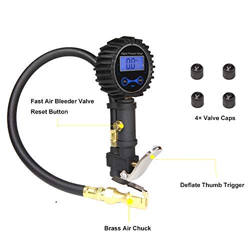 KEDAKEJI Digital Tire Inflator with Pressure Gauge, 250 PSI Air Chuck and Compressor Accessories Heavy Duty with Rubber Hose and Quick Connect Coupler for 0.1 Display Resolution, Black K250PG - Thumbnail 5