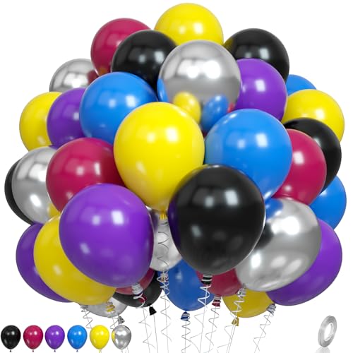80s 90s Balloons, Disco Theme Party Decorations Red Blue and Purple Latex Balloons Metallic Silver Balloons Black and Yellow Helium Balloons for Back to 80s 90s Hip Hop Party Disco Neon Theme Birthday