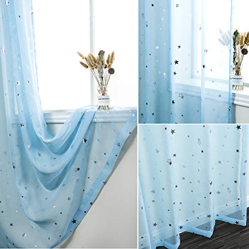 AmHoo Sheer Curtain Foil Print Sliver Star Pattern Semi Voile Sheer Curtain Panel Grommet Top Panels Set of 2 for Living Bedroom Window Treatment (Blue, 52 x 63 Inch)