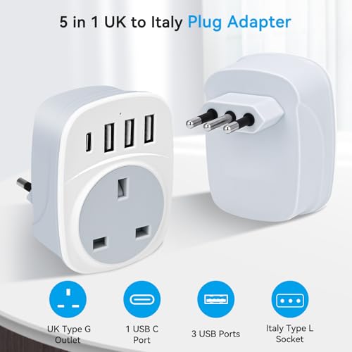 UK to Italy Plug Adapter,SHUOMAO UK to Italy Travel Adapter with 4 USB(17W USB C Charger),Converter Power Adapter for Italian Chile Ethiopia Libya Syria Tunisia Uruguay(Type L)