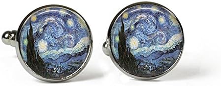 Rosetta London Starry Night Van Gogh - Glass Picture Cufflinks – Silver Plated (Art Print J21)
