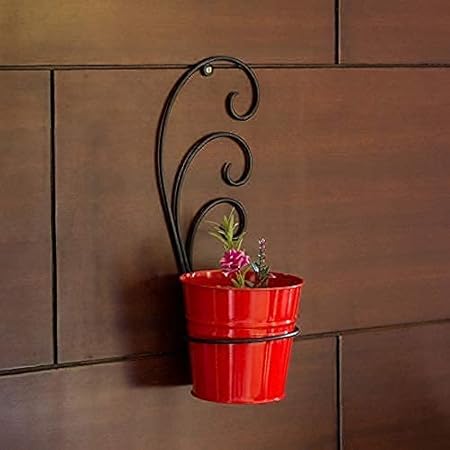 UV The Red Bucket Metal Wall Planters Pot for Indoor Plants with Holder (Galvanized Iron) - Wall Mounted Planters with Stand Plant Containers Balcony ||1 Piece