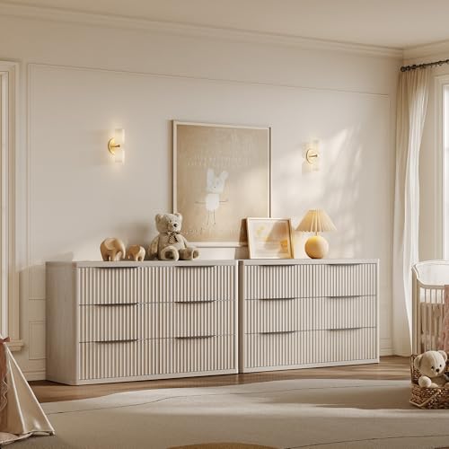 SICOTAS Dresser for Bedroom 107" Wide 6 Drawer Dressers & Chests of Drawers for Closet Long Large Modern TV Stand Set for Clothes Storage Fluted Wide Clothes Closet for Hallway Entryway, White Alder