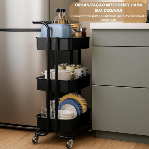 Carrinho Organizador Multiuso 3 Andares com Rodinhas — Estante Móvel para Banheiro, Cozinha, Lavanderia e Escritório, Aço Inox com Cestos Removíveis, Preto