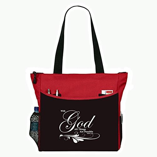 Matthew 19:26 With God All Things Are Possible Tote Bag Christian Bible Cover Verse Church Office School Travel Gym Book Organizer - Red Black