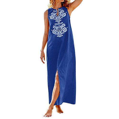 Summer Clothing Respctful✿Women's Halter Neck Sleeveless Split Chiffon Maxi Beach Loose Dresses Plus Size Blue