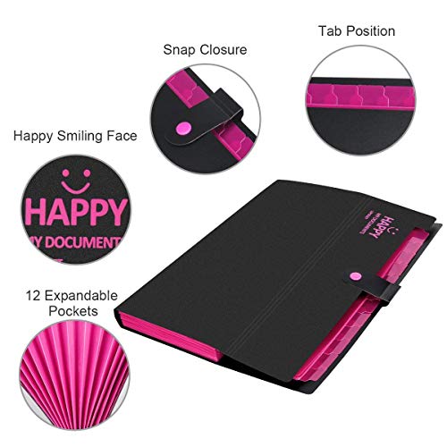 File Folder Organizer 12 Pockets Expanding File Folder with 20 Pcs Labels A4 Paper Letter Size Portable Accordion Document Organizer for Business Office Supplies School Home (Black)