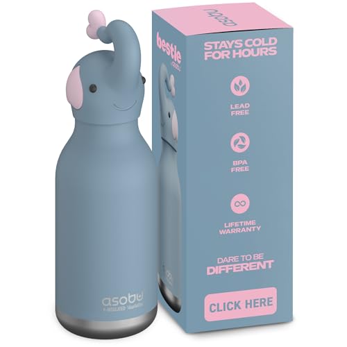 ASOBU Bestie Kindertrinkflasche mit Strohhalm – Isolierte Edelstahlflasche 420ml mit Elefantenkopf – Auslaufsicher & BPA-frei