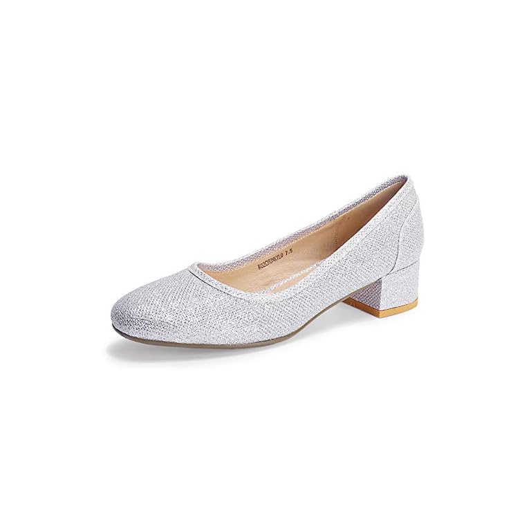 IDIFU Women's RO2 Low Chunky Heel Pumps Square Closed Toe Dress Wedding Shoes (Silver Glitter 