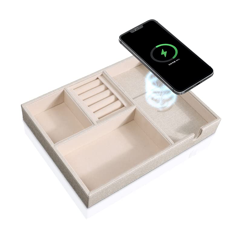 SANZIE Leather Valet Tray with Wireless Charger - Desk Organizer Tray Nightstand Organizer for Phone, Wallet, Keys, Sunglasses, Watches, Jewelry, and More (White-Medium)