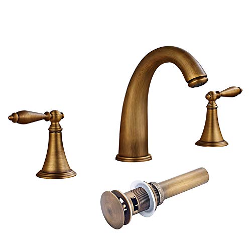 Senlesen Deck Mounted Widespread Three Holes Bathroom Sink Faucet Two Handles Basin Mixer Tap with Matching Pop Up Drain Antique Brass