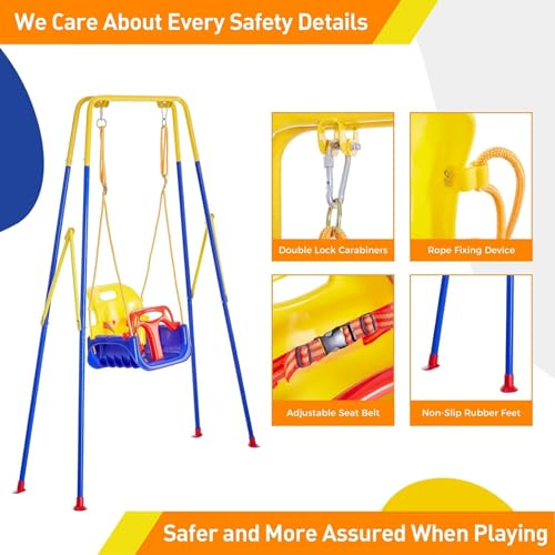 AM ANNA 3-in-1 Toddler Swing Set with Stand, Indoor/Outdoor Baby Swing with Foldable Metal Stand, Kids Swing Set for Backyard, Clear Instructions, Easy to assemble and store