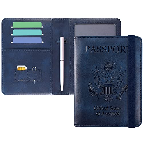 DMLuna Passport Holder, Premium PU Leather Travel Passport Wallet RFID Blocking Passport Cover Case Travel Documents Organizer with Pen Holder, for Women and Men