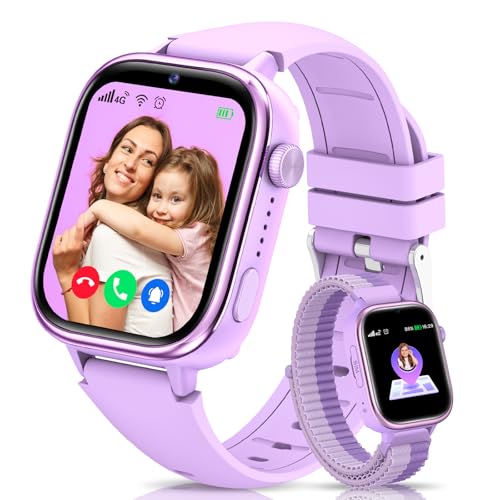 4G Smart Watch Children with GPS and Video Calling, Smartwatch Children with Calls, Voice Chat, SOS, School Mode, IP68 Waterproof, Pedometer, Alarm Clock, Camera, Gift Girls and Boys 4-15 Purple