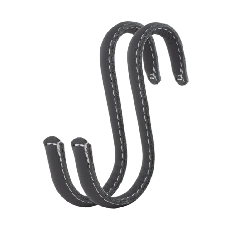 Brute Strength - S Shaped Hooks Wrapped in Full Grain Leather - 2 pcs - Grey - 10 cm Stainless Steel Metal Hangers Hanging Hooks for Kitchen, Work Shop, Bathroom