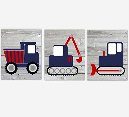 Construction Truck Navy Blue Red Baby Boy Nursery Wall Art Tractor Bulldozer Dump Toddler Rustic Wood Farmhouse Decor UNFRAMED PRINTS