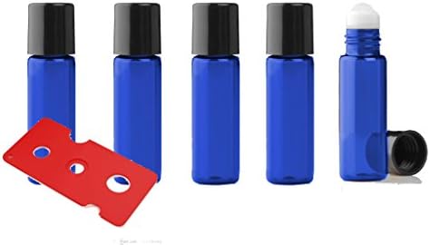 Grand Parfums Cobalt Blue Empty Refillable Roller Ball Bottles 1/6 Oz, 5mL Choose Glass or Stainless Steel Rollerballs, Plus Bonus Essential Oil Key (6 Bottles, Blue/Glass Rollers)