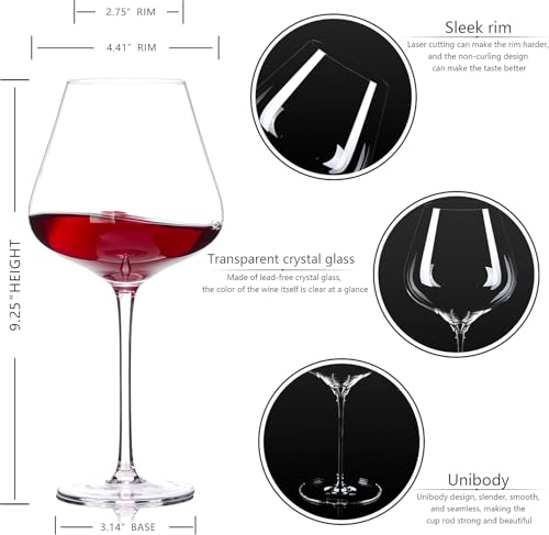 Hand Blown Red Wine Glasses Set of 6 – 23 oz Burgundy Wine Glasses With Long Stem – Large Premium Crystal Wine Glass – Unique Gift for Wedding, Anniversary, Mother’s Day – Clear