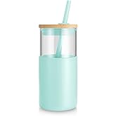 Tronco® 16 oz Glass Tumbler with Lids and Straw, Reusable Iced Coffee Cup & Smoothie Cup with Bamboo Lid, Silicone Sleeve, Dishwasher Safe, BPA-Free Borosilicate Glass, 1 Pack