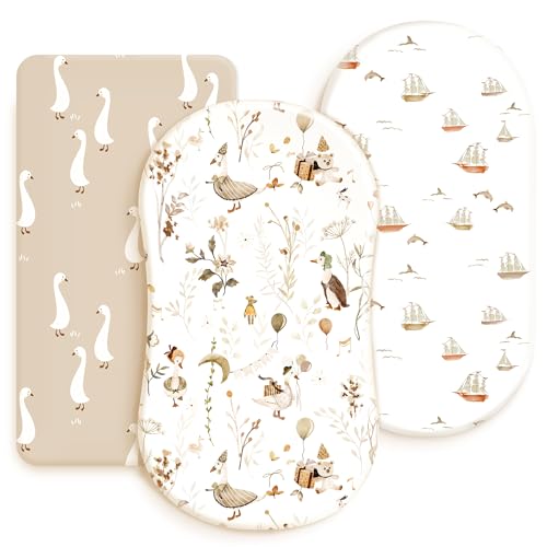 GRSSDER Stretchy Ultra Soft Fitted Bassinet Sheets 3 Pack, Universal Fitted for Oval Rectangle Bassinet Mattresses Safe and Snug, Stylish Bassinet Sheet Gender-Neutral Print for Baby