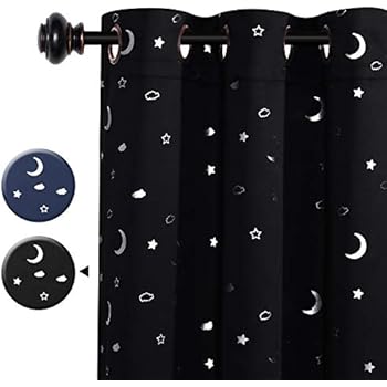 H.VERSAILTEX 100% Blackout Curtains Thermal Insulated Room Darkening Nursery Starry Curtains for Bedroom Primitive Moon and Star Pattern Grommet Window Treatment 1 Panel, 52