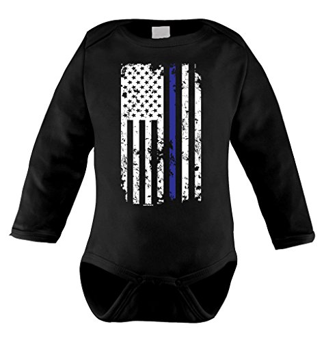 Thin Blue Line American Flag Long Sleeve Bodysuit (6M, BLACK)