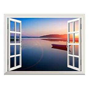 Removable Wall Sticker/Wall Mural - Peaceful Lake View at Sunset | Creative Window View Wall Decor - 24"x32"
