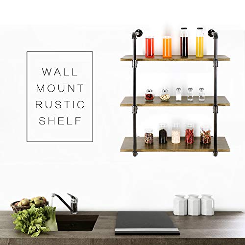 YU YUSING 3 Tier Industrial Pipe Shelf with wood & Metal, Rustic Hanging Wall Shelves for Bedrooms, Bathroom Shelving, Kitchens Coffee Shops or Bar Storage