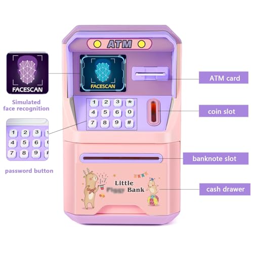 TERRIFI ATM Money Bank for Kids with Face Recognition and Music - Smart Voice, Secure Lock, Large Storage - Pink Electronic Cash Coin Bank, Ideal Gift for Boys and Girls' Birthdays