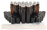 24 New, Premium Quality, 10ml Amber Glass Roll-on Bottles with Stainless Steel Roller Balls, Black Plastic Caps and (3) 3ml Plastic Droppers For use with Perfume, Aromatherapy & Essential Oils