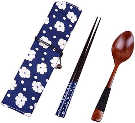 YIYEZI Japanese Vintage Wooden Chopsticks Spoon Set 2Pcs Dining Kits Asian Style Tableware (Blue)