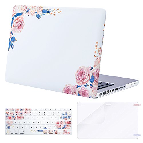 MOSISO Plastic Pattern Hard Case & Keyboard Cover & Screen Protector Only Compatible Old MacBook Pro 13 Inch (A1278 CD-ROM) Release Early 2012/2011/2010/2009/2008, Pink Peony on White Base