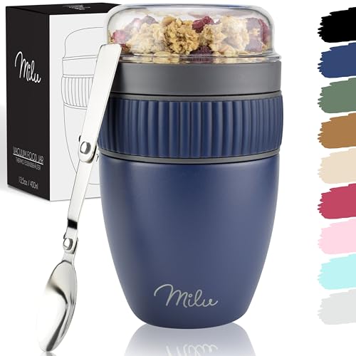 Milu Müslibecher to go 400ml MüsliMax I isolierter Edelstahl Joghurtbecher für Müsli I auslaufsicherer Becher mit Löffel für Yoghurt/Porridge (Navybla