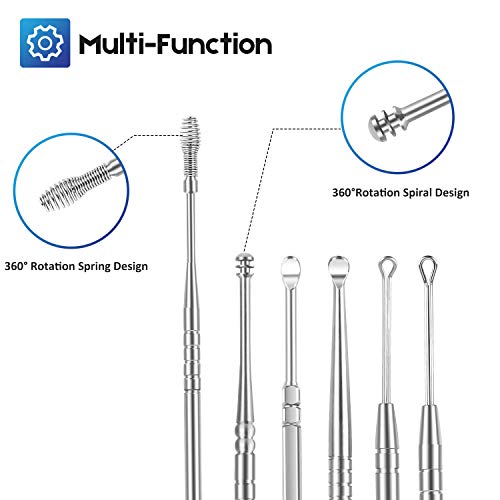 Ear Wax Removal Tool,Ronten 6pcs Ear Candles Stainless Steel Curette Earwax Removal Kit with Storage Box and Cleaning Brush, Silver