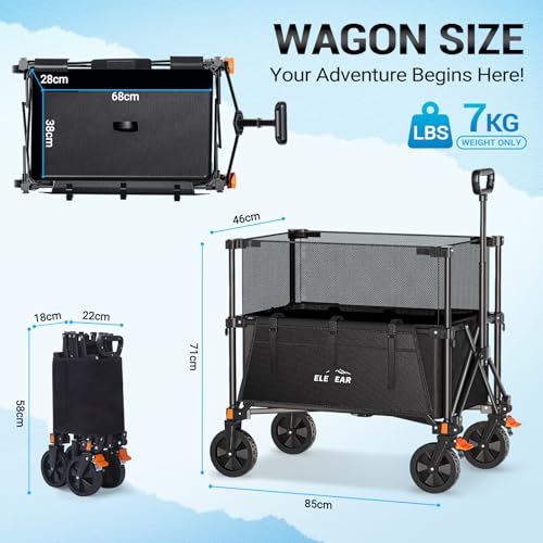 Elegear Beach Cart with Brakes 200L, Folding Garden Cart with Adjustable Handle and Cup Holder, Foldable Transport Cart for Camping Shopping Sports, Black