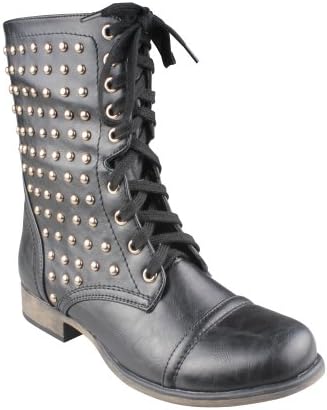 REFRESH DAVINA-01 Women's Lace up & Stud Accent Mid-calf Combat Boots, Color:BLACK