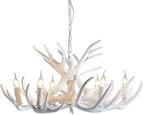 LgoodL Resin Antler Chandeliers White Deer Horn Wrought Iron Candle Pendant Light with Lamp Holder of E12(9 Lights)
