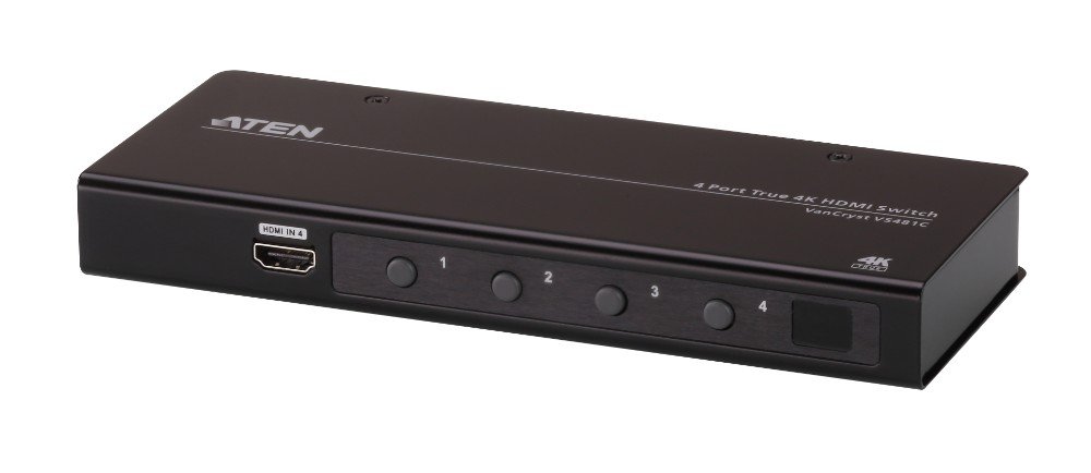 ATEN True 4K HDMI Switch 4 Port VS481C, HDMI 2.0(3D, Deep Color, 4K); HDCP 2.2 compliant | 4k x 2k @ 60 Hz (4:4:4) | bi-directional RS-232 serial port UK | #1 KVM Market Leader, black