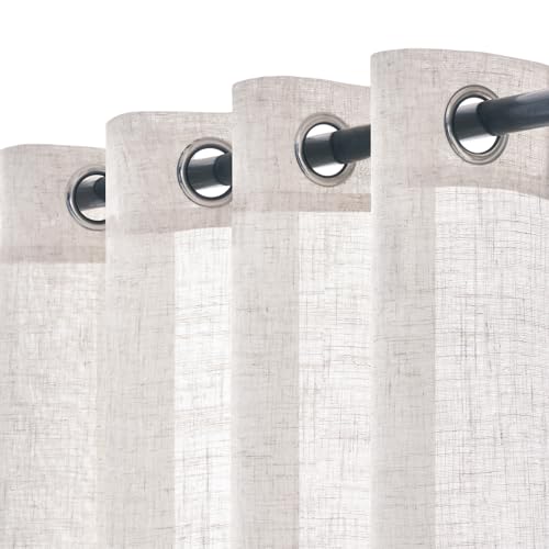 Woaboy Linen Curtains Translucent Net Curtains with Eyelets Modern Decorative for Living Room, Window, Bedroom, 2 Pieces, 140 x 245 cm, White Bleached