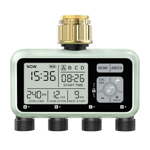 Johgee Watering Programmer, 4 Outlets with Brass Inlets, Digital Water Timer with Rain Delay, Automatic/Manual Watering Control for Garden Lawn