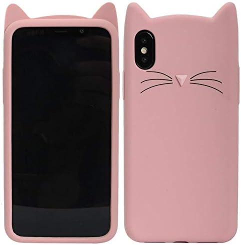 YES2GOOD 3D Mustache Cute Cat Kitty Ears Meow Soft Hello Kitty Silicone Rubber Back Cases Cover for Apple i-Phone XS (Baby Pink)