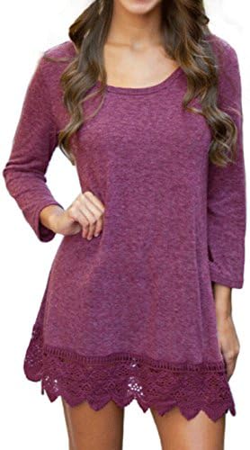 POZON Women's Long & Short Sleeve A-line Lace Stitching Trim Casual Dress