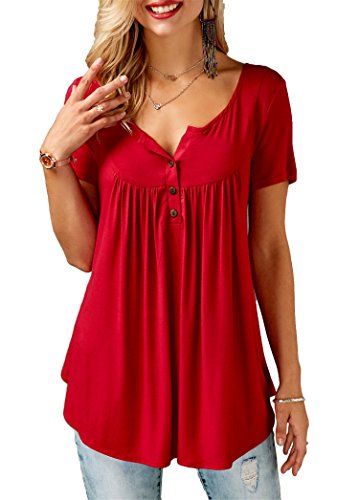 onlypuff Fit Flare Shirts for Women Casual Tunic Tops V Neck Buttons Solid Color Red Large
