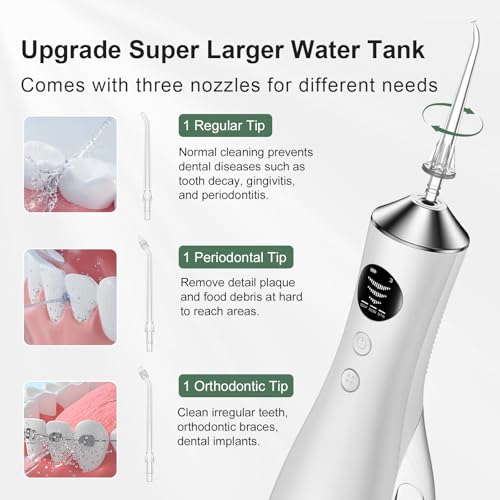 Water Flosser for Teeth Cordless, 300ML Portable Oral Irrigator with Screen Display, 3 Intensity Modes and 3 Flossing Tips, 60-Day Battery Life，IP68 Waterproof Dental Flosser for Home