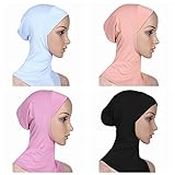 Ksweet 4pcs Lightweight Elastic Hijab Caps Full Cover Hijab Bonnet Islamic Scarf for Women Turban (Black+Plum+KQ+White)