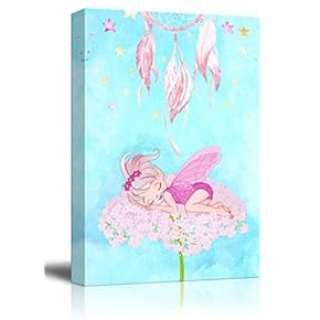 Canvas Wall Art - Hand Drawn Tooth Fairy Sleeping on Flower Under The Dreamcatcher - Giclee Print Kid