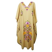 Mogul Interior Womens Caftan Maxi Dress Beige Embroidered Cruise Kaftan One Size