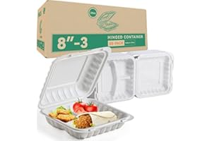 LEOBOX Takeout Container Mineral Filled PP Plastic - 55 Pack 8 Inch 34oz | Shrink Wrap BPA Free Food Container | Freezer & Microwave Safe for Food Delivery | White 3 Compartment Disposable Lunch Boxes